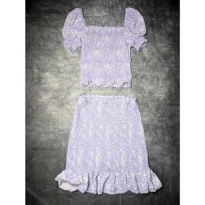Revamped Purple Ditsy Floral Cropped Top Smocked Skirt Outfit Size S Spring